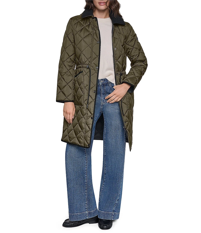 DKNY Diamond Quilted Point Collar Removable Hood Snap Front Trench Coat
