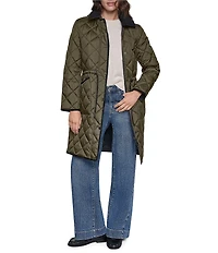 DKNY Diamond Quilted Point Collar Removable Hood Snap Front Trench Coat