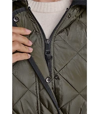 DKNY Diamond Quilted Point Collar Removable Hood Snap Front Trench Coat
