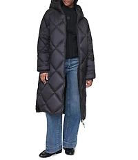 DKNY Diamond Quilted Stand Collar Hooded Zip Front Maxi Puffer Jacket
