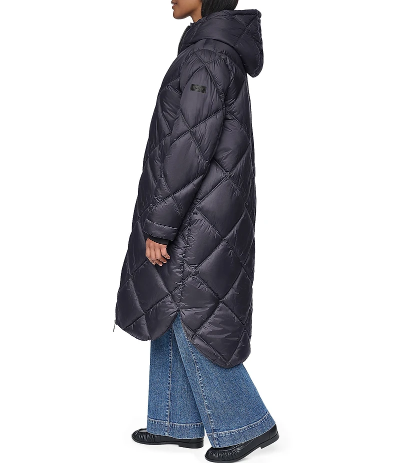DKNY Diamond Quilted Stand Collar Hooded Zip Front Maxi Puffer Jacket