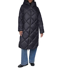 DKNY Diamond Quilted Stand Collar Hooded Zip Front Maxi Puffer Jacket