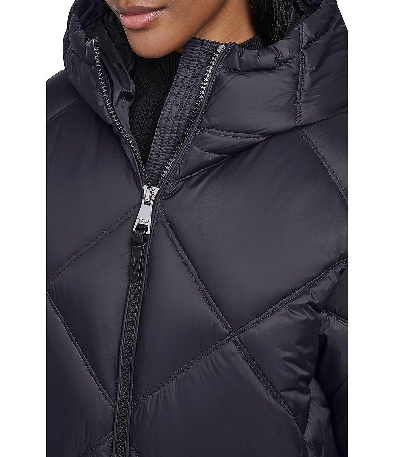 DKNY Diamond Quilted Stand Collar Hooded Zip Front Maxi Puffer Jacket