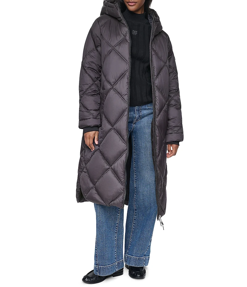 DKNY Diamond Quilted Stand Collar Hooded Zip Front Maxi Puffer Jacket