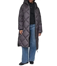 DKNY Diamond Quilted Stand Collar Hooded Zip Front Maxi Puffer Jacket