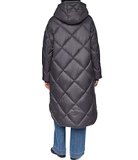 DKNY Diamond Quilted Stand Collar Hooded Zip Front Maxi Puffer Jacket