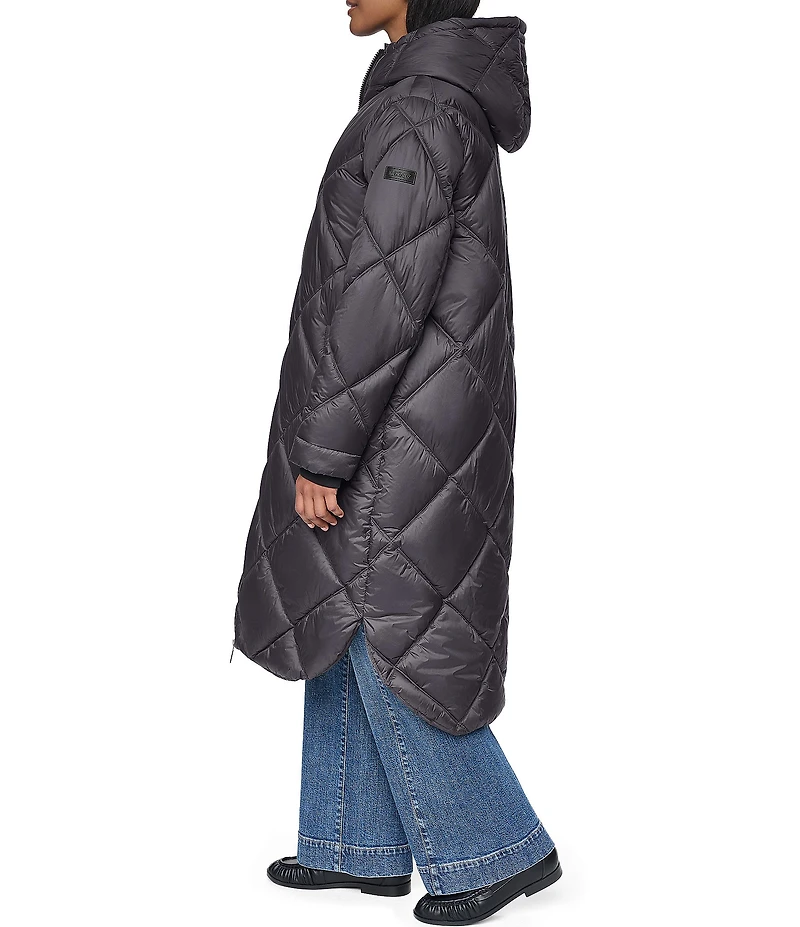 DKNY Diamond Quilted Stand Collar Hooded Zip Front Maxi Puffer Jacket