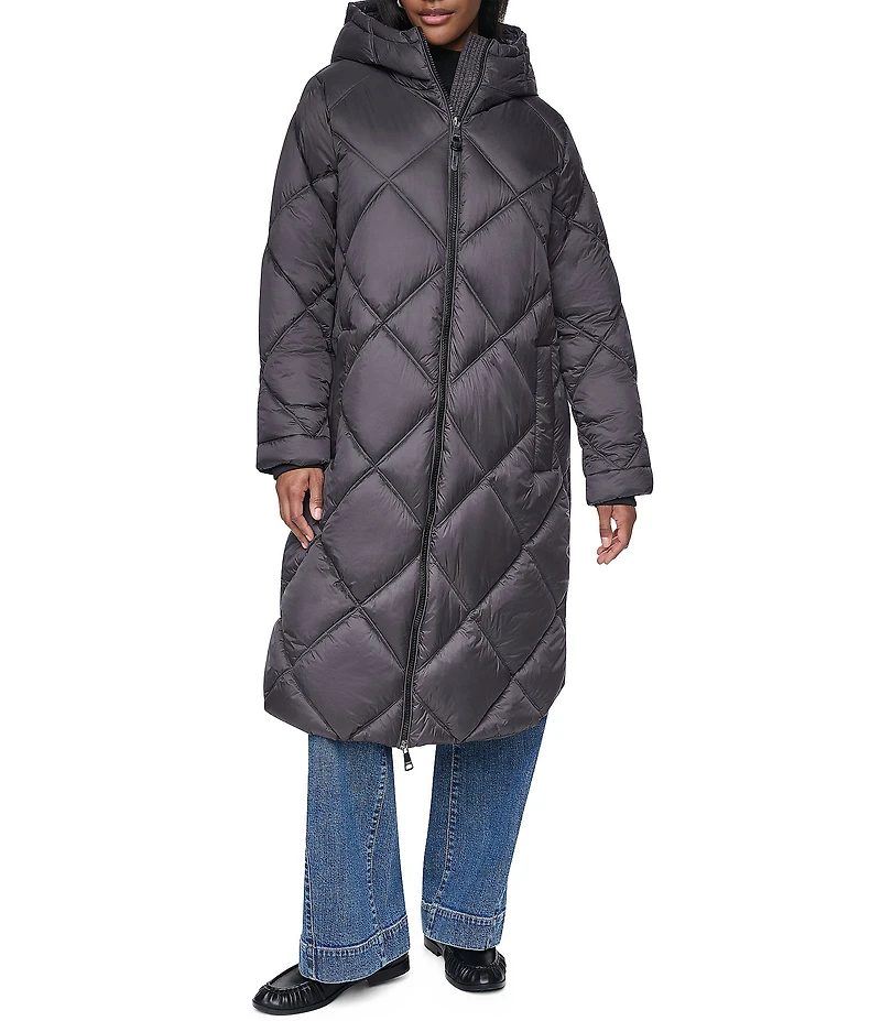 DKNY Diamond Quilted Stand Collar Hooded Zip Front Maxi Puffer Jacket
