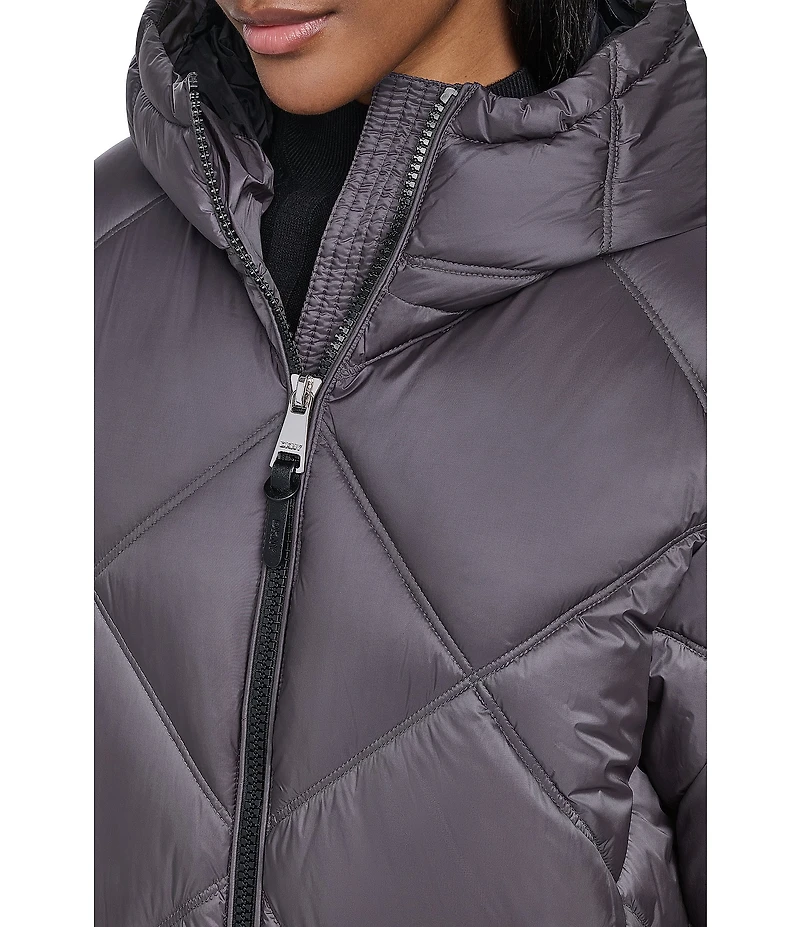 DKNY Diamond Quilted Stand Collar Hooded Zip Front Maxi Puffer Jacket