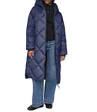 DKNY Diamond Quilted Stand Collar Hooded Zip Front Maxi Puffer Jacket