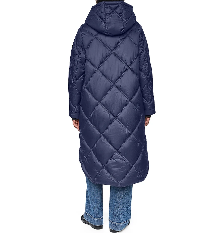 DKNY Diamond Quilted Stand Collar Hooded Zip Front Maxi Puffer Jacket