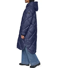 DKNY Diamond Quilted Stand Collar Hooded Zip Front Maxi Puffer Jacket