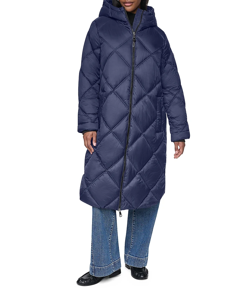 DKNY Diamond Quilted Stand Collar Hooded Zip Front Maxi Puffer Jacket