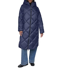 DKNY Diamond Quilted Stand Collar Hooded Zip Front Maxi Puffer Jacket