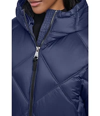 DKNY Diamond Quilted Stand Collar Hooded Zip Front Maxi Puffer Jacket