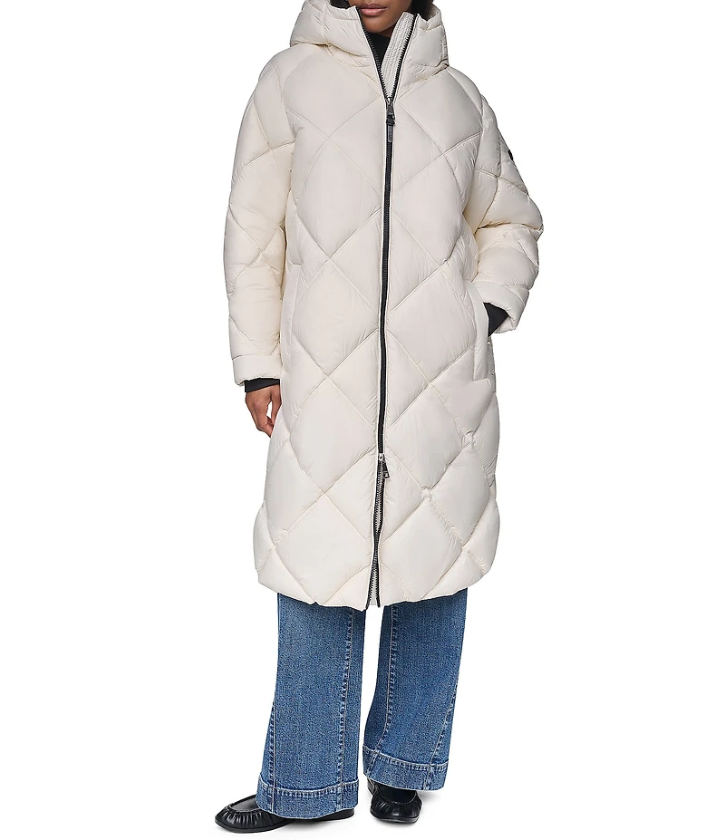 DKNY Diamond Quilted Stand Collar Hooded Zip Front Maxi Puffer Jacket