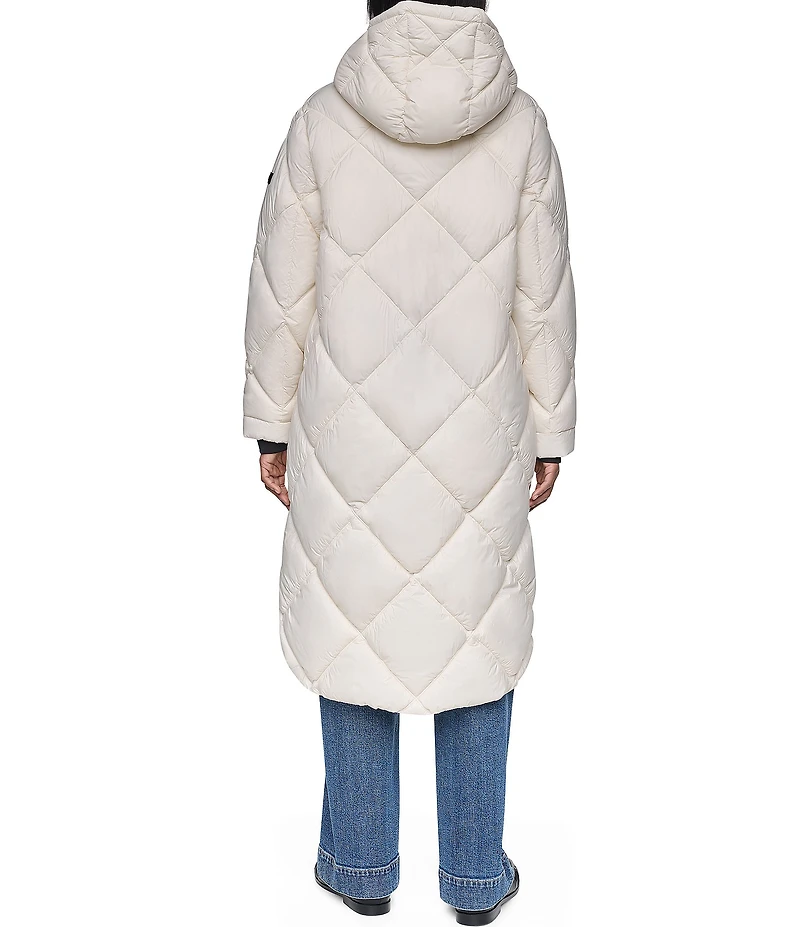 DKNY Diamond Quilted Stand Collar Hooded Zip Front Maxi Puffer Jacket