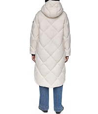 DKNY Diamond Quilted Stand Collar Hooded Zip Front Maxi Puffer Jacket