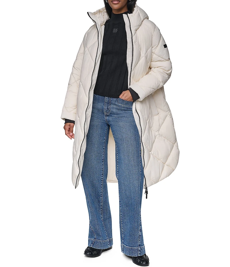 DKNY Diamond Quilted Stand Collar Hooded Zip Front Maxi Puffer Jacket