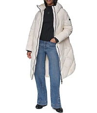 DKNY Diamond Quilted Stand Collar Hooded Zip Front Maxi Puffer Jacket