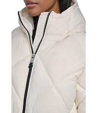 DKNY Diamond Quilted Stand Collar Hooded Zip Front Maxi Puffer Jacket