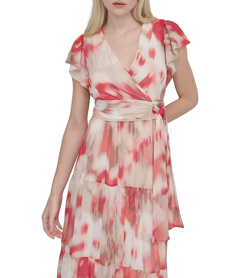DKNY Donna Karan Petite Size V Neck Flutter Sleeve Tiered A Line Dress