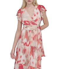 DKNY Donna Karan Petite Size V Neck Flutter Sleeve Tiered A Line Dress