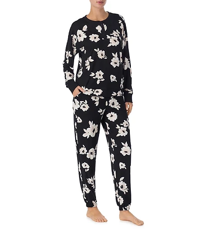DKNY Floral Print Long Sleeve Henley Neck Jogger Long Cozy Jersey Pajama Set