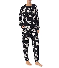 DKNY Floral Print Long Sleeve Henley Neck Jogger Long Cozy Jersey Pajama Set
