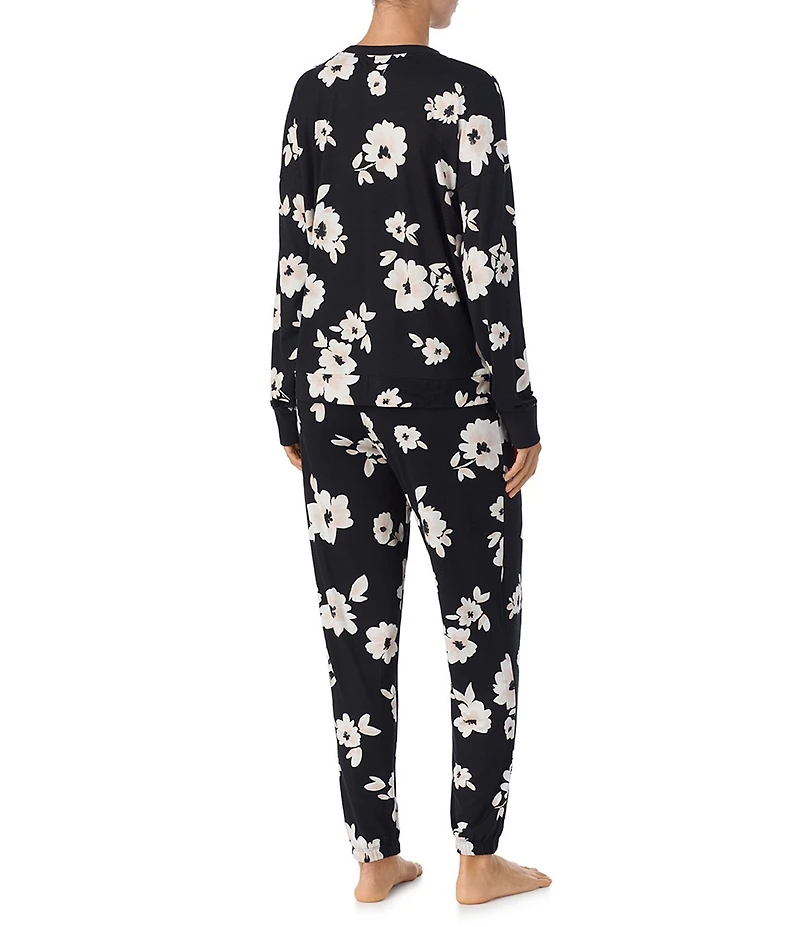 DKNY Floral Print Long Sleeve Henley Neck Jogger Long Cozy Jersey Pajama Set