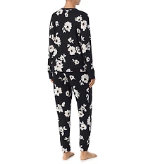 DKNY Floral Print Long Sleeve Henley Neck Jogger Long Cozy Jersey Pajama Set