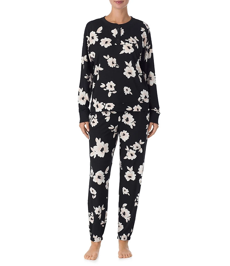 DKNY Floral Print Long Sleeve Henley Neck Jogger Long Cozy Jersey Pajama Set