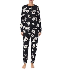 DKNY Floral Print Long Sleeve Henley Neck Jogger Long Cozy Jersey Pajama Set