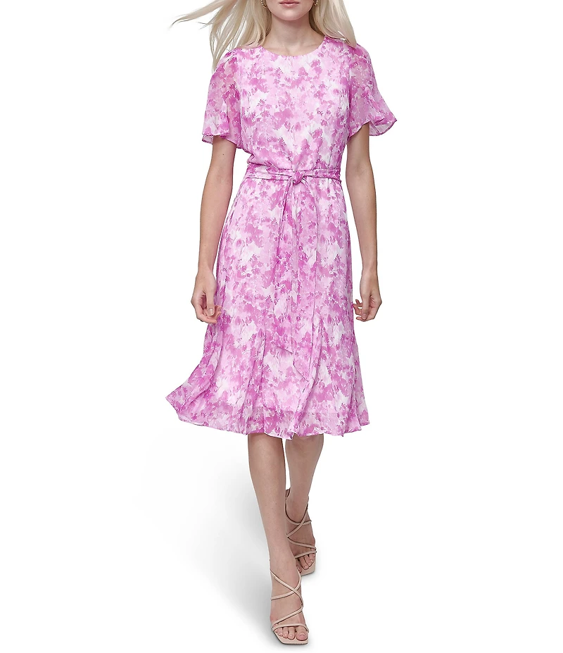 DKNY by Donna Karan Floral Printed Round Neckline Short Sleeve Tie Waist Midi Dress