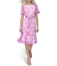 DKNY by Donna Karan Floral Printed Round Neckline Short Sleeve Tie Waist Midi Dress