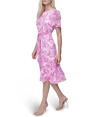 DKNY by Donna Karan Floral Printed Round Neckline Short Sleeve Tie Waist Midi Dress