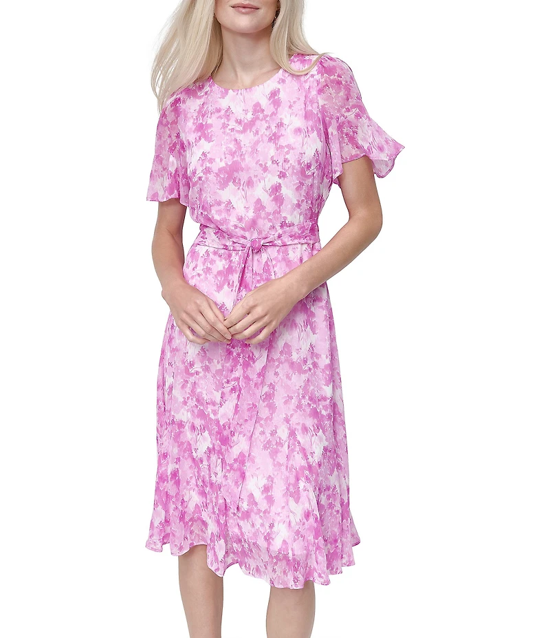 DKNY by Donna Karan Floral Printed Round Neckline Short Sleeve Tie Waist Midi Dress