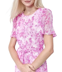 DKNY by Donna Karan Floral Printed Round Neckline Short Sleeve Tie Waist Midi Dress