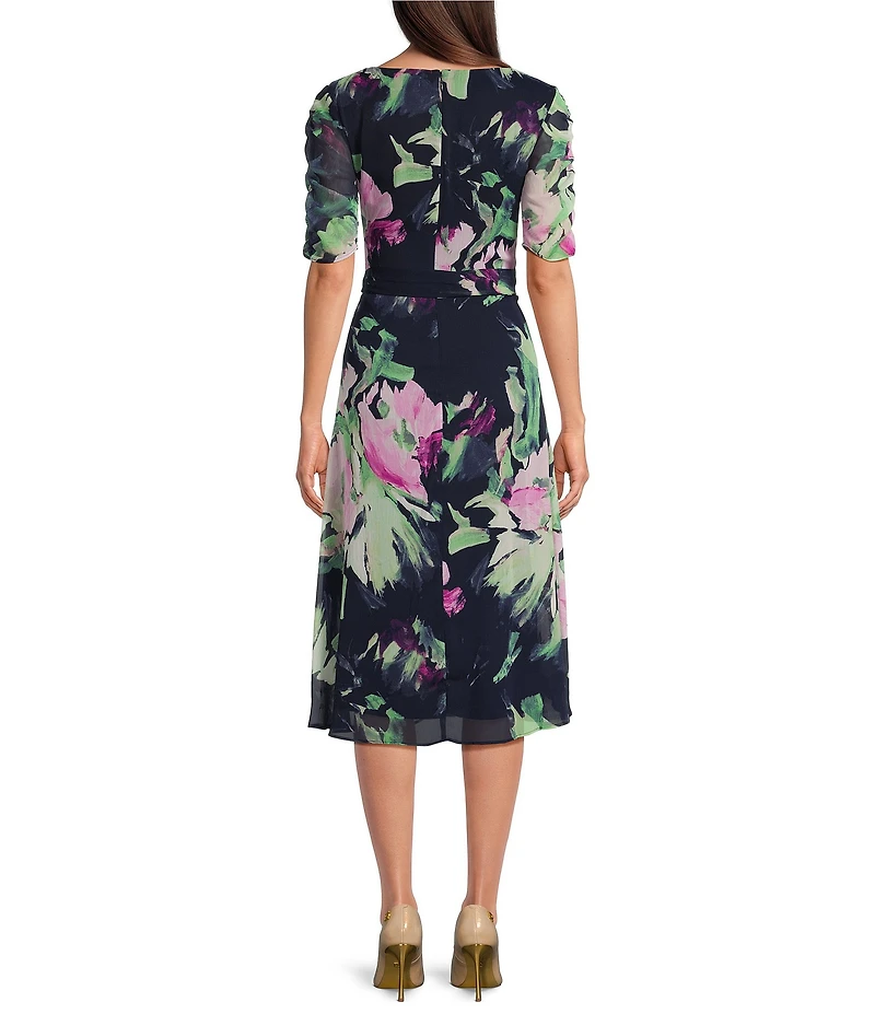 DKNY by Donna Karan Floral Surplice V-Neck Short Sleeve Faux Wrap Midi Dress