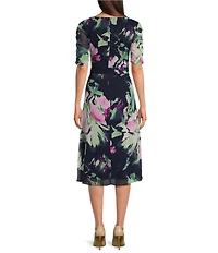 DKNY by Donna Karan Floral Surplice V-Neck Short Sleeve Faux Wrap Midi Dress
