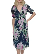 DKNY by Donna Karan Floral Surplice V-Neck Short Sleeve Faux Wrap Midi Dress