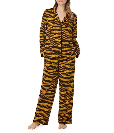 DKNY Gold Tiger Print Long Sleeve Notch Collar Pant Satin Pajama Set
