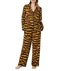 DKNY Gold Tiger Print Long Sleeve Notch Collar Pant Satin Pajama Set