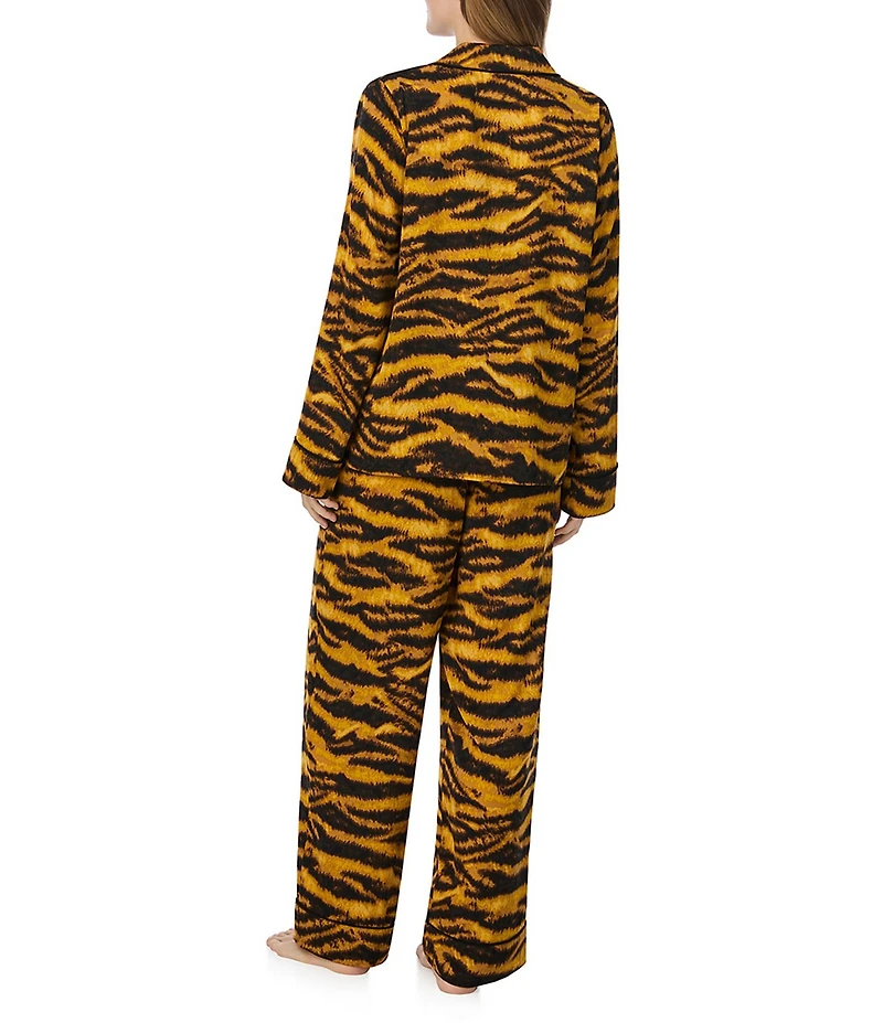 DKNY Gold Tiger Print Long Sleeve Notch Collar Pant Satin Pajama Set