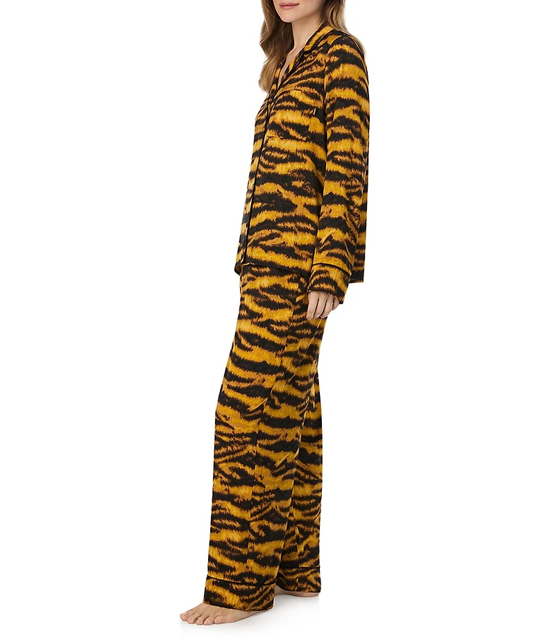 DKNY Gold Tiger Print Long Sleeve Notch Collar Pant Satin Pajama Set