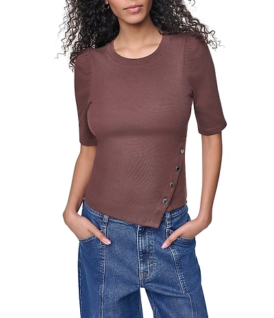 DKNY Jeans by Donna Karan Asymmetric Hemline Crew Neck Puff Elbow Short Sleeve Top