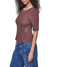 DKNY Jeans by Donna Karan Asymmetric Hemline Crew Neck Puff Elbow Short Sleeve Top