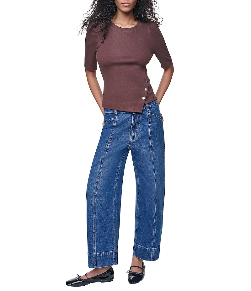 DKNY Jeans by Donna Karan Asymmetric Hemline Crew Neck Puff Elbow Short Sleeve Top