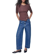 DKNY Jeans by Donna Karan Asymmetric Hemline Crew Neck Puff Elbow Short Sleeve Top