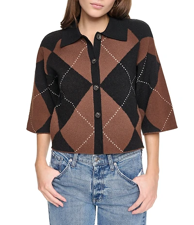 DKNY Jeans by Donna Karan Coordinating Fuzzy Diamond Pattern Point Collar Elbow Sleeve Cardigan